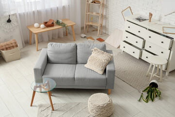 Interior of messy living room with grey sofa, coffee table and overturned houseplant after...