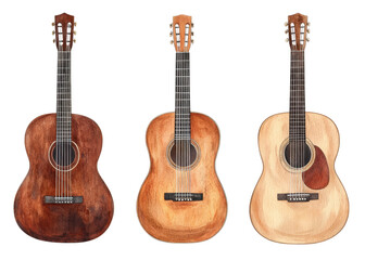 Three acoustic guitars in a row, watercolor illustration on transparent background. Music, instrument, stringed instrument concept.