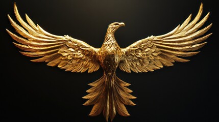 Golden eagle sculpture with wings spread wide, isolated on black background.