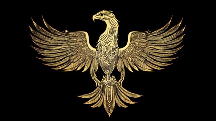 Fototapeta premium Golden eagle with wings spread, intricate design on black background.