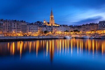 Fototapeta premium A breathtaking night view of Marseille, with city lights reflecting on the Mediterranean Sea
