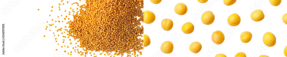 Poster the image features yellow mustard seeds in macro isolation on a white background, shot from the top
