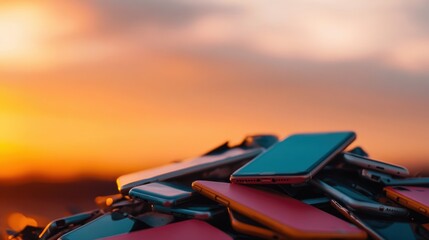 A colorful collection of smartphones rests on a hilltop as the sun sets, highlighting the contrast between nature and technology