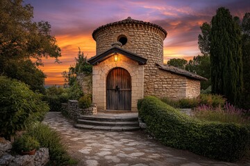 Obraz premium A breathtaking sunset over the Palais des Papes, casting a golden glow on the historic stone walls