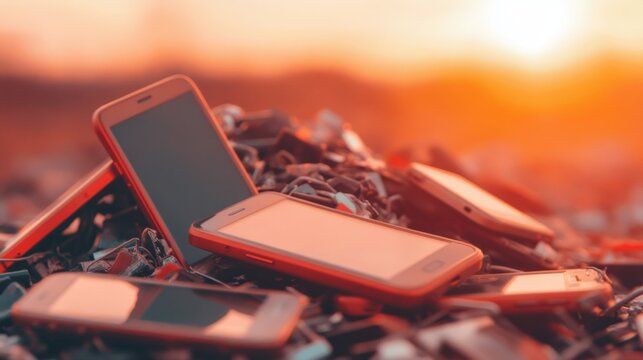 A collection of broken smartphones rests on a large pile of electronic waste, illuminated by the warm colors of sunset