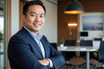 Fototapeta premium Confident Asian Male Professional in Business Attire Smiling in Modern Office Setting with Neutral Tones and Contemporary Furniture