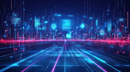 Futuristic city, digital data stream, technology, urban landscape, background, movement, glowing lights, abstract image