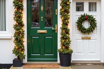 Fototapeta premium A Festively Decorated Green Door with Holiday Wreath and Lights at a Charming Home Entryway in Winter Season