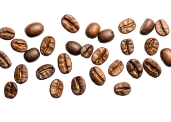 Roasted coffee beans on a transparent background. Concept of coffee, caffeine, and aroma.