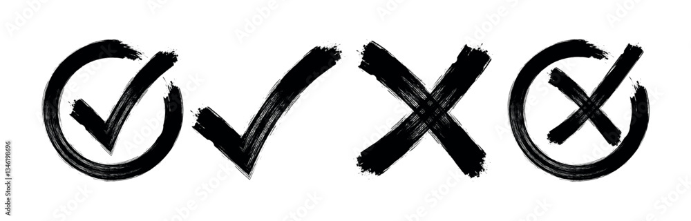 Poster set of circle check mark and cross icons - hand drawn by a wide piece of charcoal on white paper bac