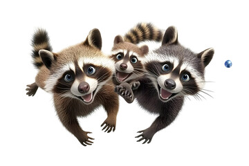 Obraz premium Realistic Image of Three Raccoons Smiling Together with Transparent Background Animal Portrait Wildlife Forest Mammal Cute Playful Upward Looking Fur Detailed Eyes