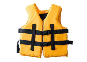 Yellow life jacket with black straps on a transparent background. Concept of safety, boating, and water sports.