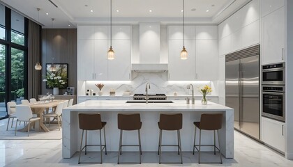 Modern Luxury Kitchen Island Design with Marble Countertops and Stainless Steel Appliances