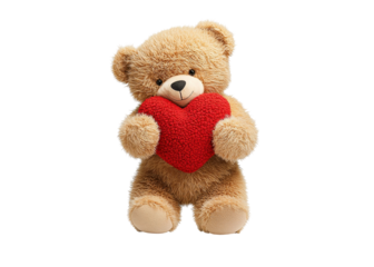 Teddy bear holding a red heart on a transparent background. Concept of love, Valentine's Day, and gifts.