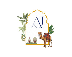 This premium Indian wedding logo showcases a refined monogram with the letters "A" and "J," a decorated camel, lush greenery, and domed architecture framed by an ornate golden arch