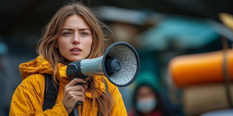 a female leader addressing her team outdoors during a humanitarian project, holding a megaphone and standing in front of supplies, with room on the right for event details