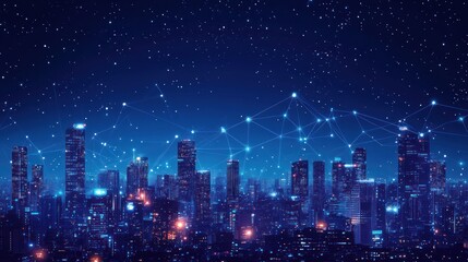 Obraz premium Night city skyline with network connections. Possible use stock photo