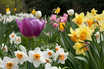 Fototapeta premium Elegant Arrangement of Spring Daffodils and Tulips in a Vibrant Garden