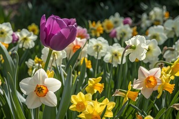 Obraz premium Vibrant Spring Garden with Colorful Daffodils and Purple Tulips