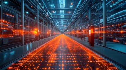 AI-powered holographic assistants manage data flow in a futuristic facility at night