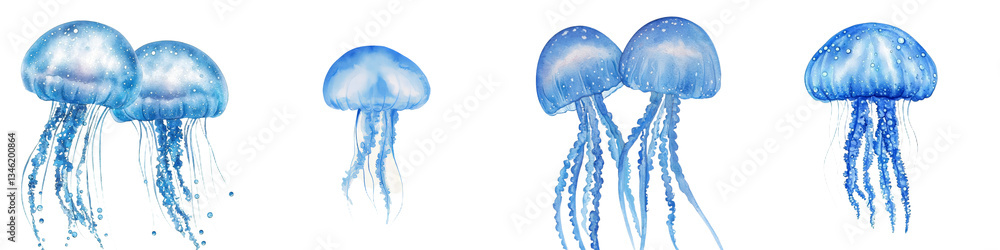 Poster beautiful watercolor artwork featuring jellyfish and bubbles arranged in a seamless repeating patter