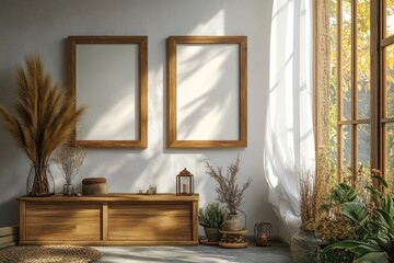 Minimalist Scandinavian Interior Design with Wooden Frames and Cozy Ambiance