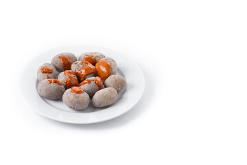Papas arrugadas with mojo isolated on white background. Traditional Canarian food. Copy space