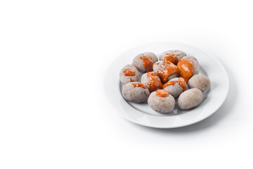 Papas arrugadas with mojo isolated on white background. Traditional Canarian food. Copy space