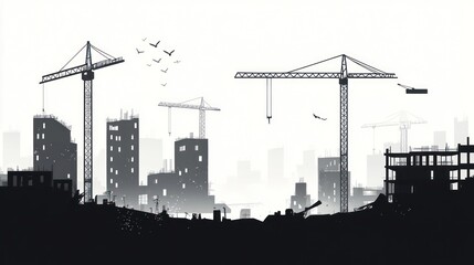 Naklejka premium Cityscape under construction, cranes, silhouettes