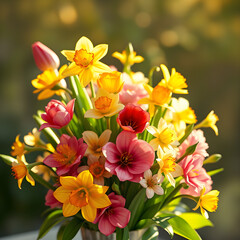 Fototapeta premium Colorful spring bouquet of flowers in soft natural light, vibrant and fresh arrangement with seasonal blooms. Semi-realistic scene emphasizing joy, renewal, and natural beauty. 