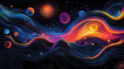 Obraz premium Abstract swirling cosmic space background with colorful planets and nebulae.