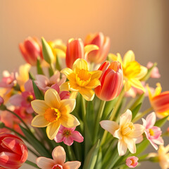 Obraz premium Colorful spring bouquet of flowers in soft natural light, vibrant and fresh arrangement with seasonal blooms. Semi-realistic scene emphasizing joy, renewal, and natural beauty. 