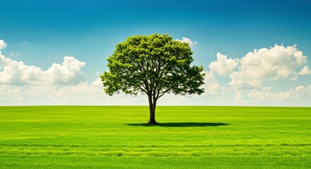 Obraz premium A single tree standing tall in the middle of an emerald-green plain