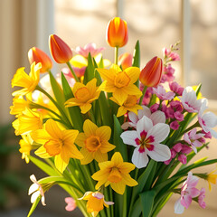 Fototapeta premium Colorful spring bouquet of flowers in soft natural light, vibrant and fresh arrangement with seasonal blooms. Semi-realistic scene emphasizing joy, renewal, and natural beauty. 