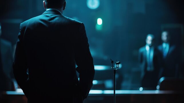 The Mysterious Figure: A Backlit Silhouette in a dimly lit room, the man in a suit stands before an unseen audience, creating an air of suspense and intrigue.