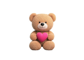 Cute teddy bear holding a pink heart on a transparent background. Concept of love, Valentine's Day, and childhood.