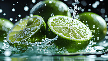 Fresh Green Limes with Splashing Water, General AI