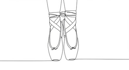 Elegant minimalist line art showcasing tied ballet shoes on stark white backdrop
