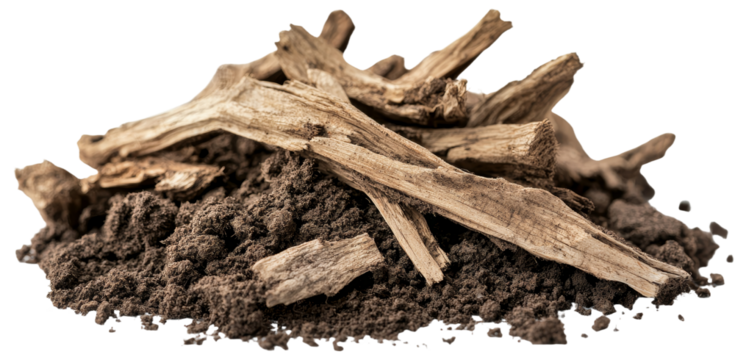 Isolated on a white background are decorative dry rotten branches in soil, with a dirt pile and wood for a campfire