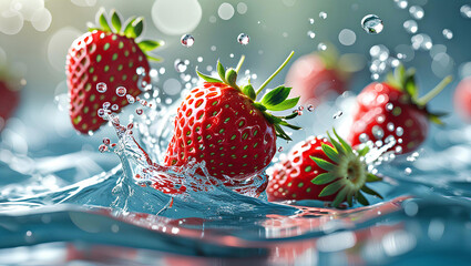 Fresh Strawberries Splashing in Water,  General AI