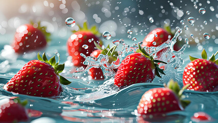 Fresh Strawberries Splashing in Water,  General AI