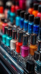 Close-up of different types of manicure showcasing colorful nail polish bottles in vibrant shades. Concept: different types of manicure in cosmetics emphasizing beauty and style.