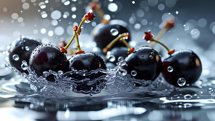 Dynamic Splash of Glossy Black Currants in Water &ndash; Fresh and Juicy Berries with Water Droplets, General AI