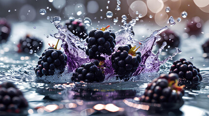 Dynamic Close-Up of Fresh Blackberries Splashing in Water &ndash; Juicy Dark Berries with Water Droplets,General AI