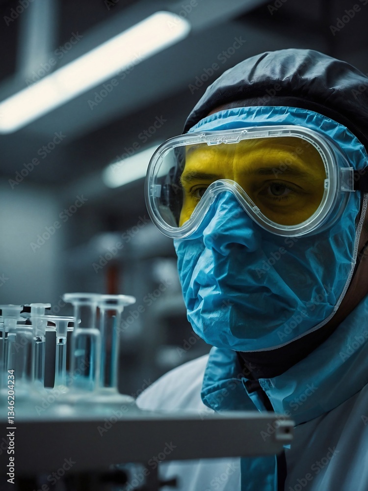 Poster close-up of a scientist with safety goggles in a lab