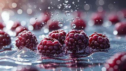 Dynamic Close-Up of Fresh Boysenberries Splashing in Water &ndash; Juicy Red Berries with Water Droplets, General AI