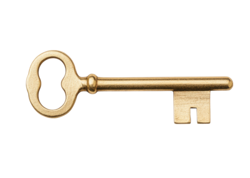 Close up of a golden key on a transparent background. Concept of security, access, and mystery.