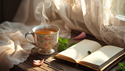  Serene Morning Tea in Cozy Bedroom, General AI