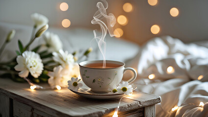  Serene Morning Tea in Cozy Bedroom, General AI