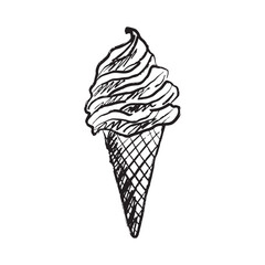Vanilla ice cream scoops in waffle cone in black brush stroke texture isolated on white. Hand drawn vector sketch illustration in vintage charcoal ink. Popsicle, summer concept, menu design